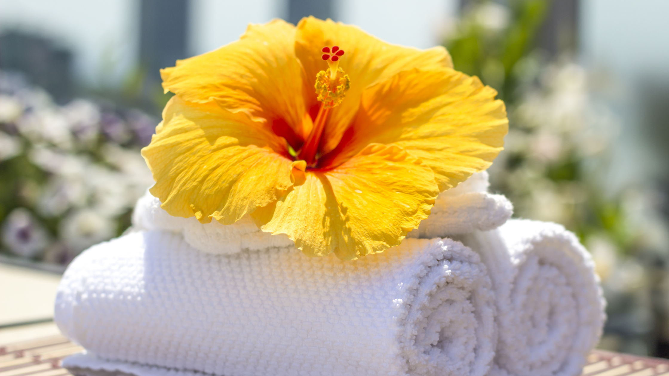 yellow flower on white towels for a self care experience