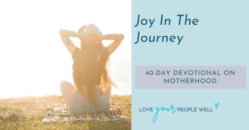 Graphic for a women's devotional called Joy in the Journey with Bible verses about parenting - a 40-day devotional for Christian moms.